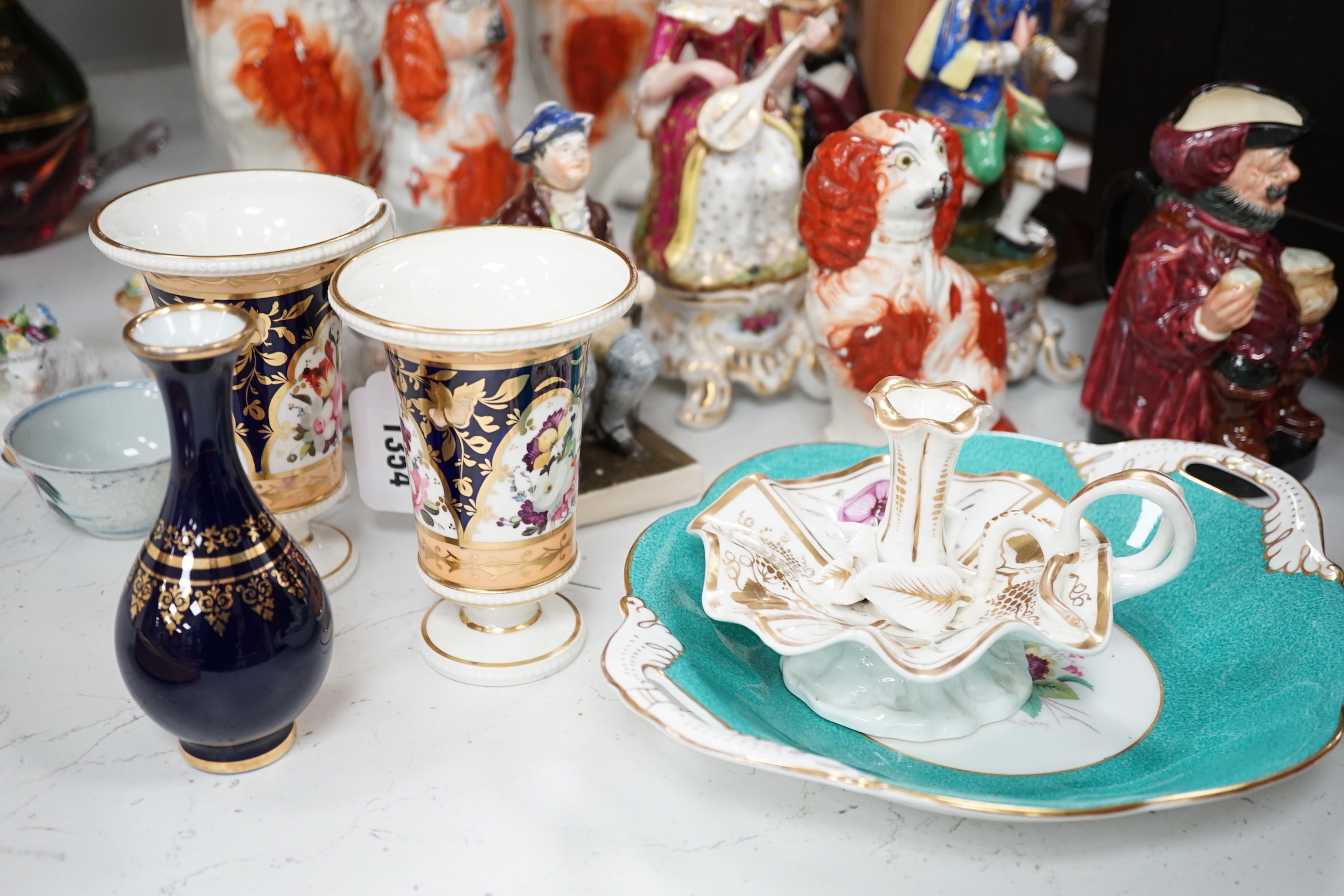 19th century and later porcelain and ceramics including Staffordshire comforter spaniels, Doulton Toby jugs, Coalport dish and Limoges enamel vase